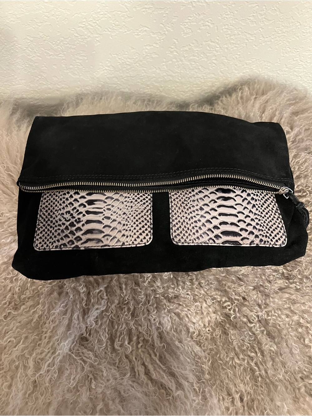 ASOS Black Suede Fold-Over Clutch with Snake-Print Panels Size 14 by 10 inches